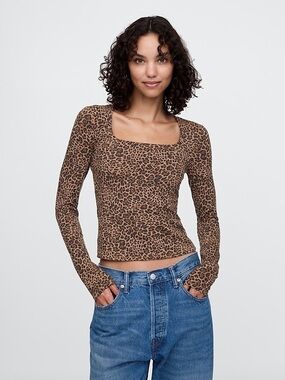 GAP CloseKnit Jersey Square Neck Top Leopard Brown